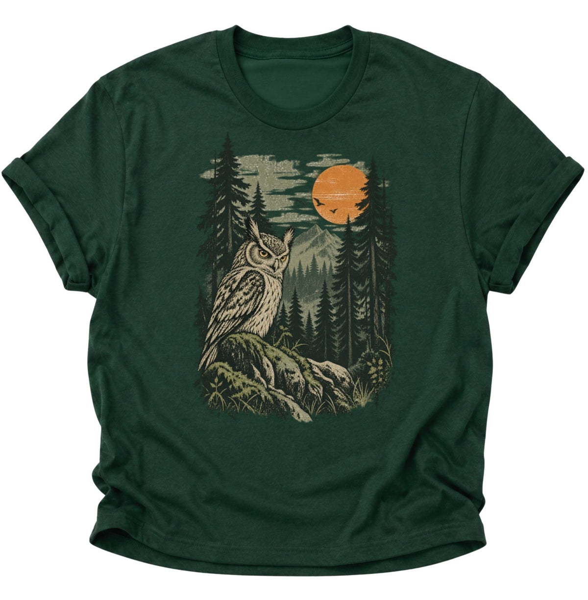Eule im Wald bei Sonnenuntergang Unisex T-Shirt Forest Green - PINE & RIVER