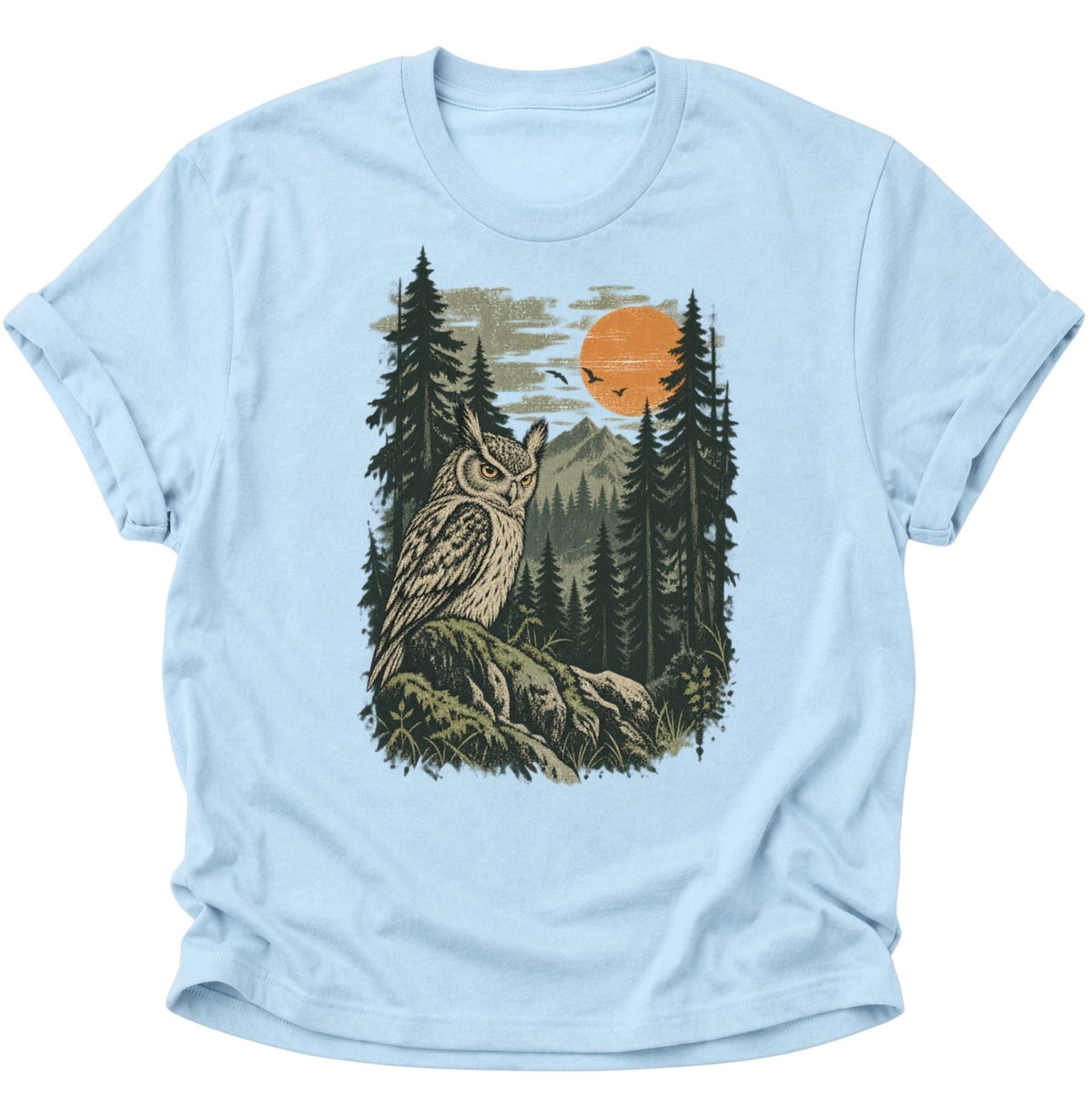 Eule im Wald bei Sonnenuntergang Unisex T-Shirt Light Blue - PINE & RIVER