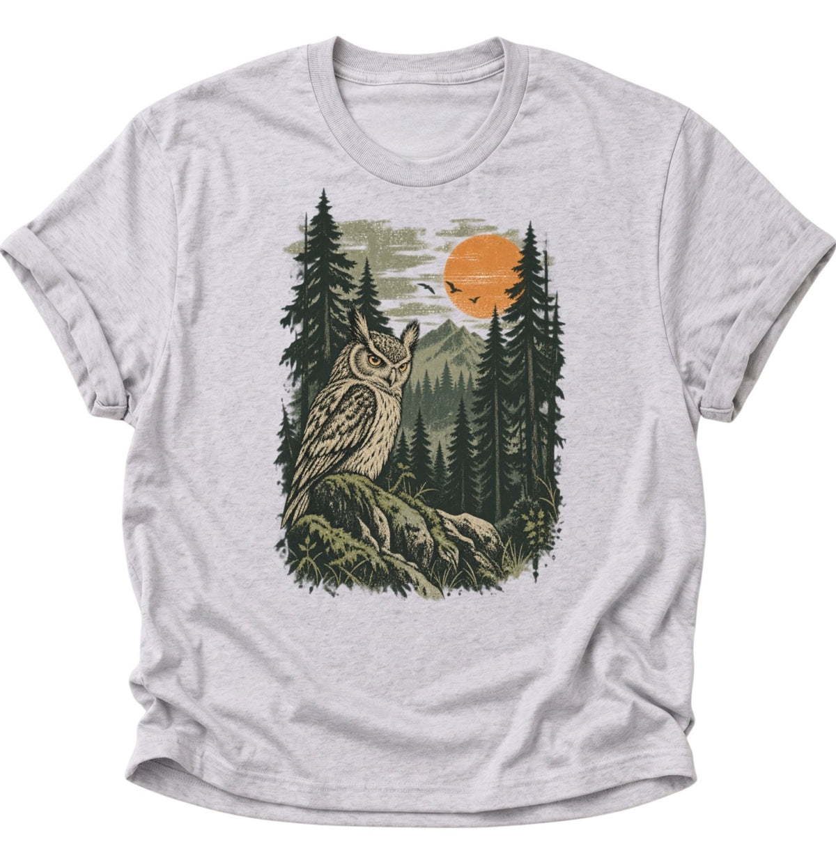Eule im Wald bei Sonnenuntergang Unisex T-Shirt Ash Grey - PINE & RIVER