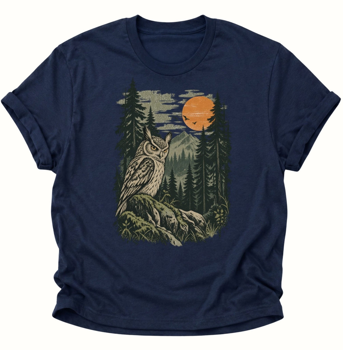 Eule im Wald bei Sonnenuntergang Unisex T-Shirt Navy Blue - PINE & RIVER