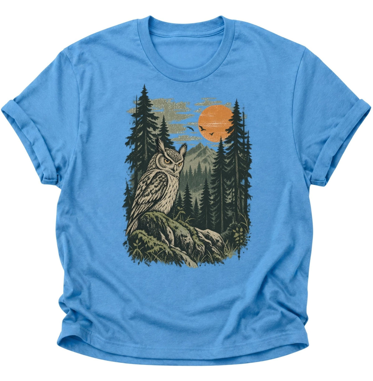Eule im Wald bei Sonnenuntergang Unisex T-Shirt Carolina Blue - PINE & RIVER