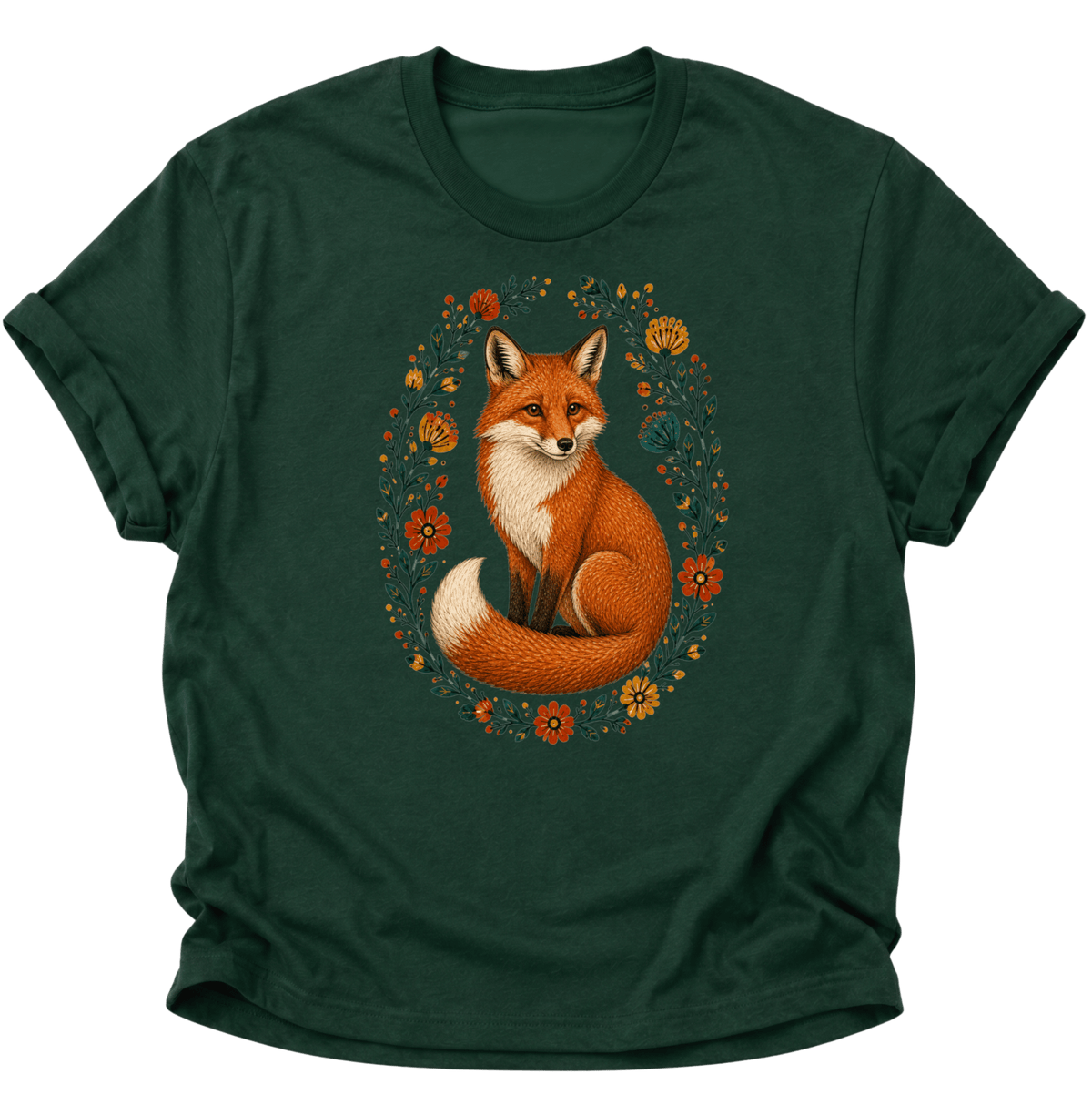 Fuchs im Blumenkranz Unisex T-Shirt Forest Green - PINE & RIVER