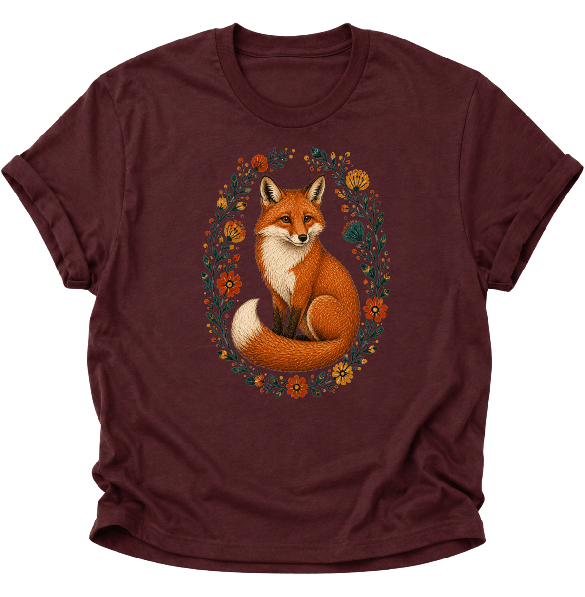 Fuchs im Blumenkranz Unisex T-Shirt Maroon - PINE & RIVER