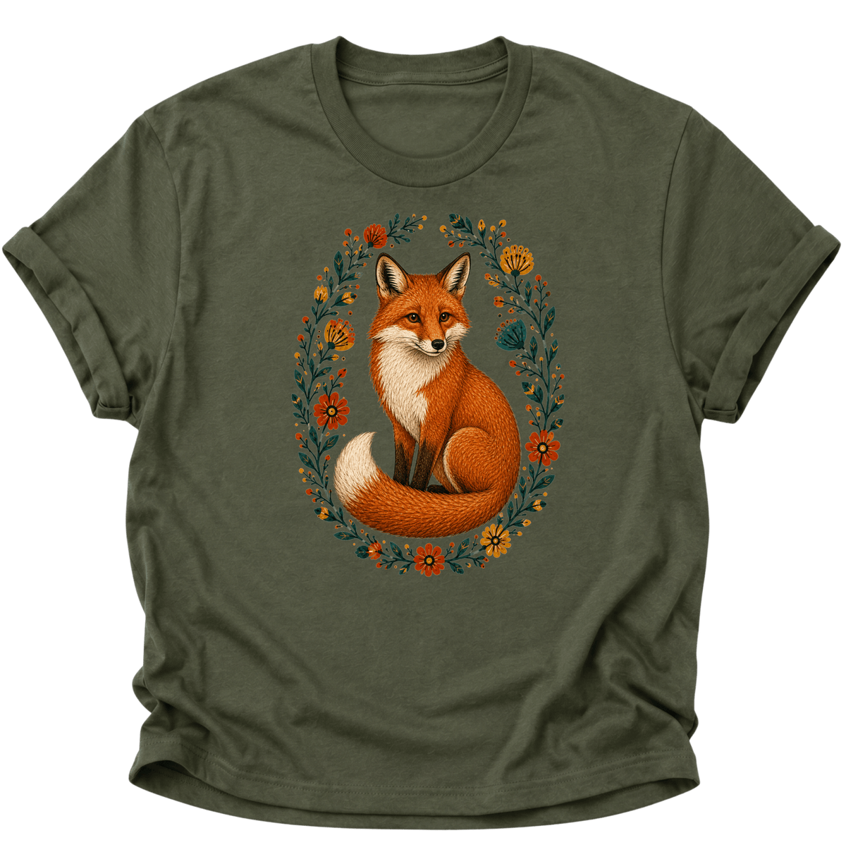 Fuchs im Blumenkranz Unisex T-Shirt Military Green - PINE & RIVER