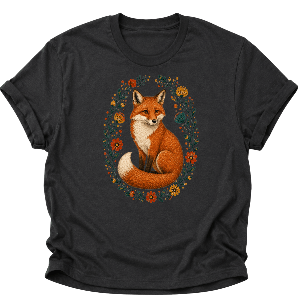 Fuchs im Blumenkranz Unisex T-Shirt Schwarz - PINE & RIVER