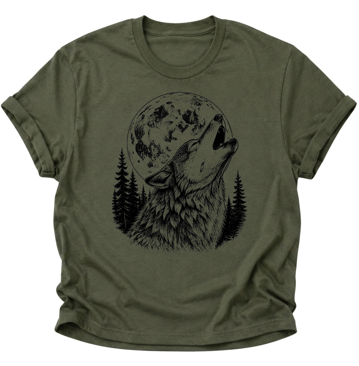 Heulender Wolf Vollmond Unisex T-Shirt Military Green - PINE & RIVER