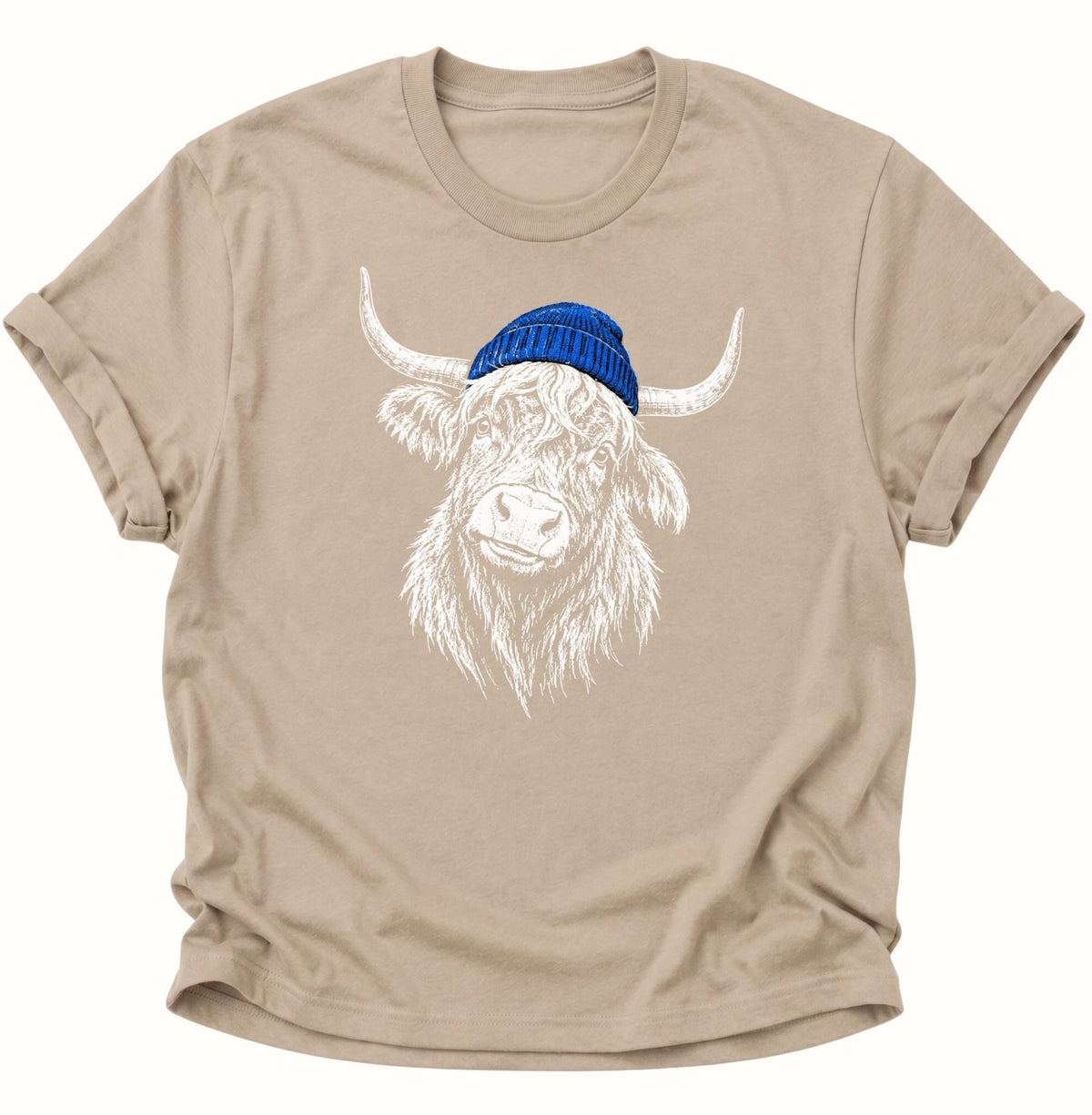 Hochlandrind mit Mütze Unisex T-Shirt Sand - PINE & RIVER