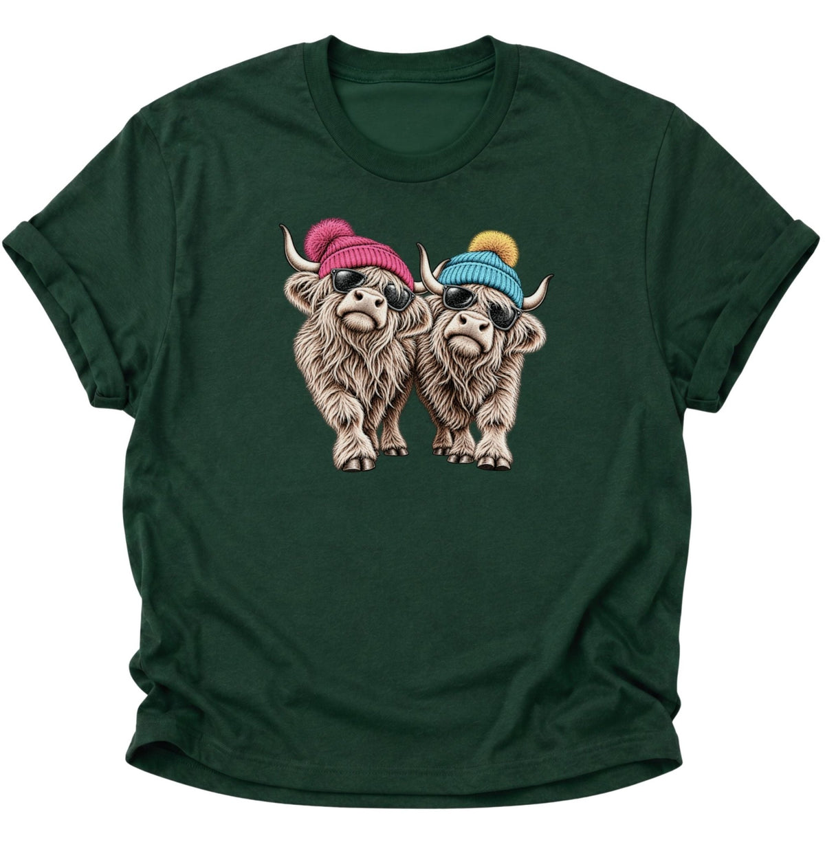 Hochlandrinder mit Mütze und Sonnenbrille Unisex T-Shirt Forest Green - PINE & RIVER