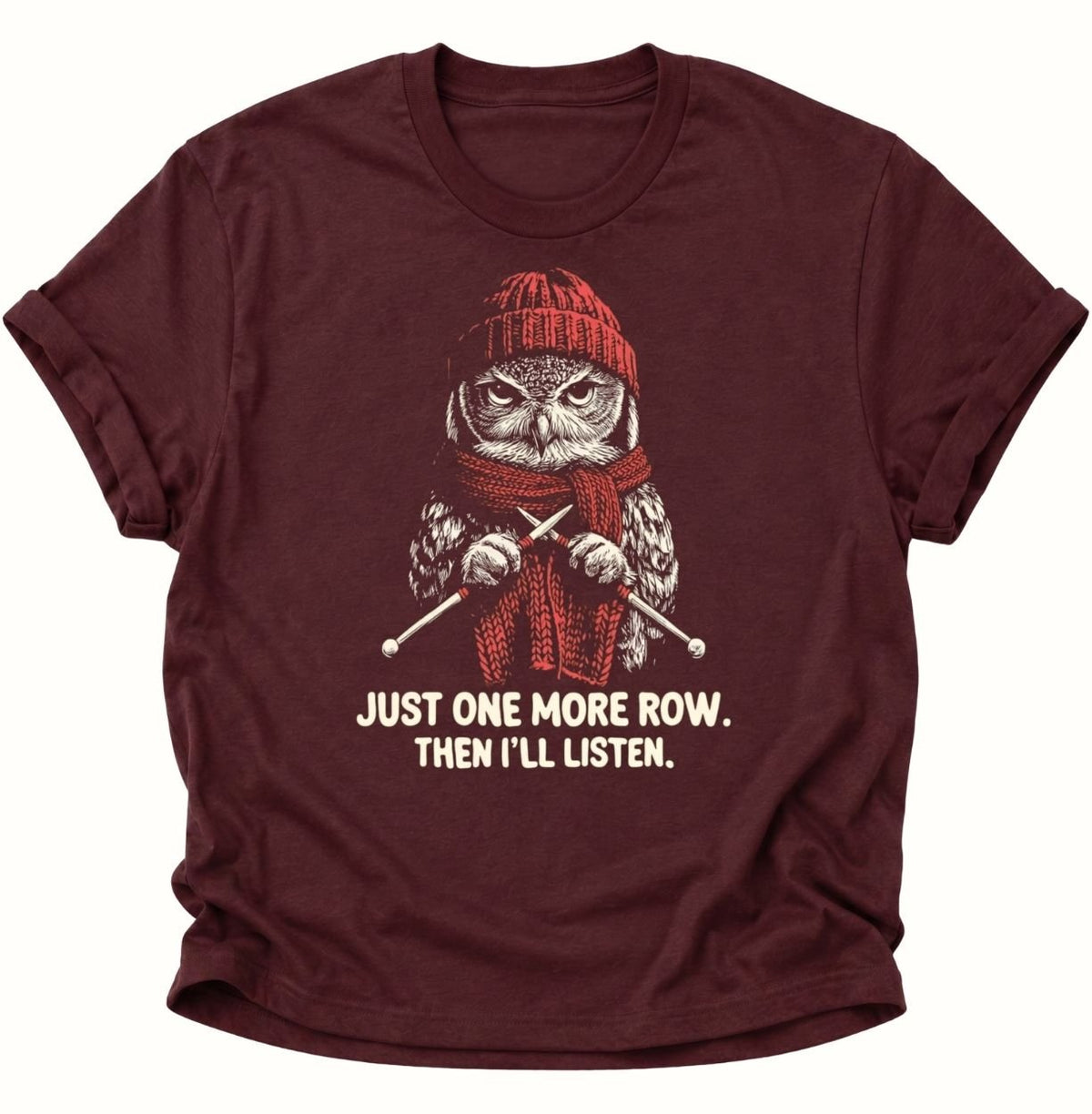 Just One More Row Strick Eule Unisex T-Shirt Maroon - PINE & RIVER