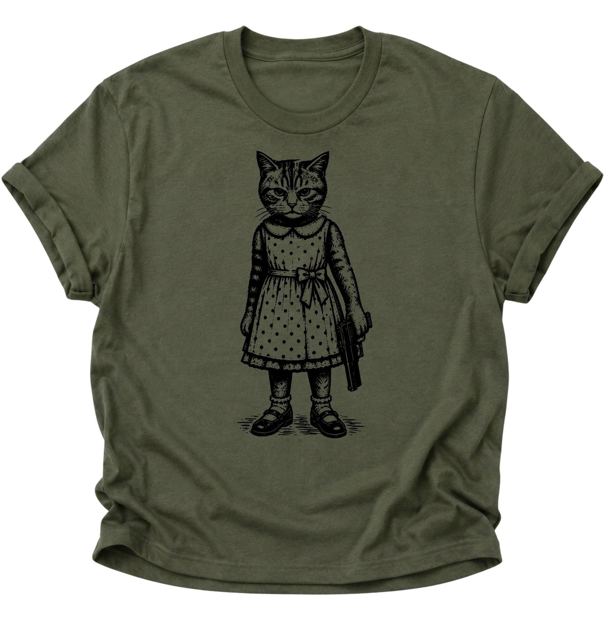 Katze mit Pistole Unisex T-Shirt Military Green - PINE & RIVER