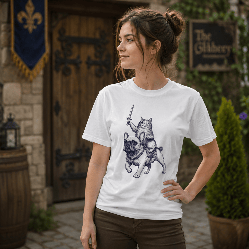 Katzenritter auf Bulldogge Unisex T-Shirt Light Pink - PINE & RIVER