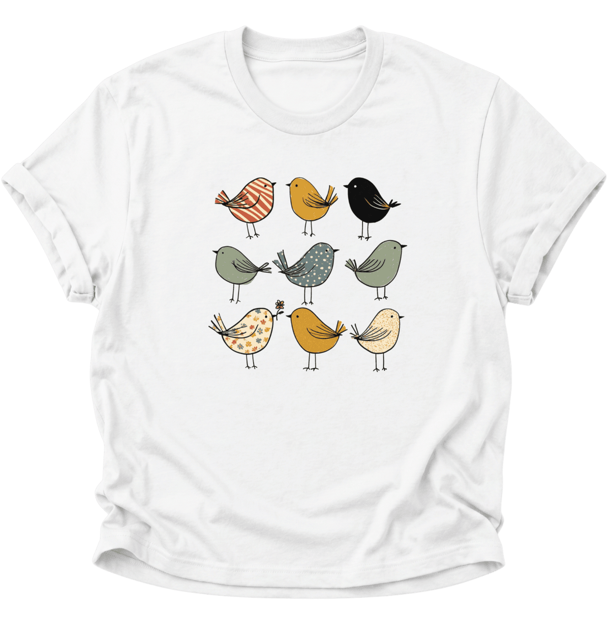 Neun Vögel Scandi Folk Unisex T-Shirt Weiß - PINE & RIVER
