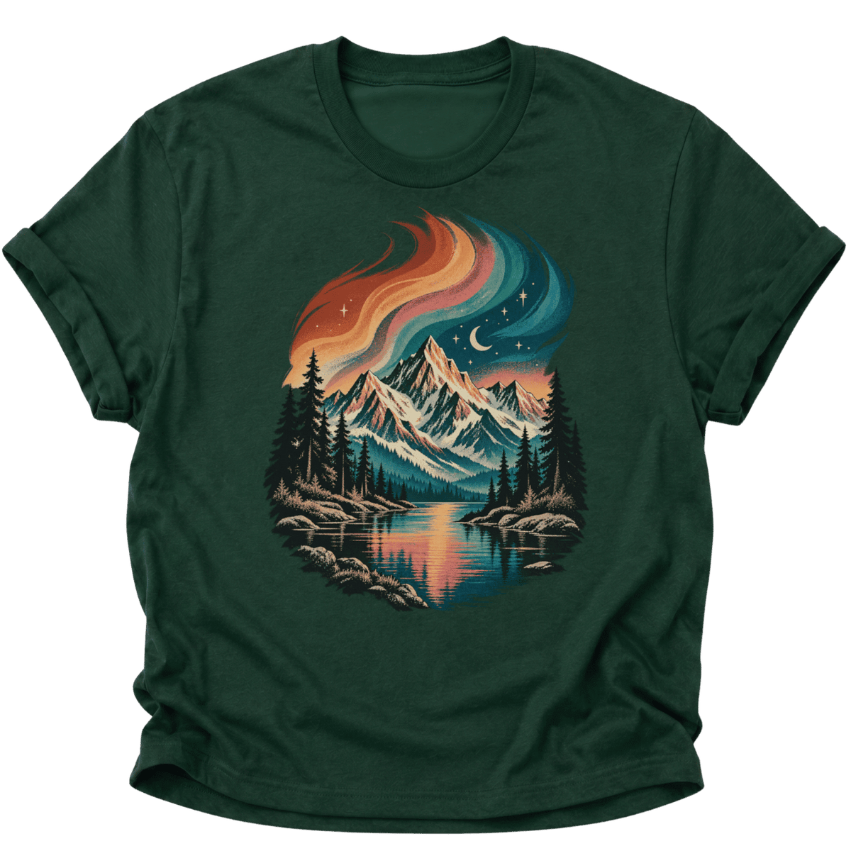 Nordlicht über dem Bergsee Unisex T-Shirt Forest Green - PINE & RIVER