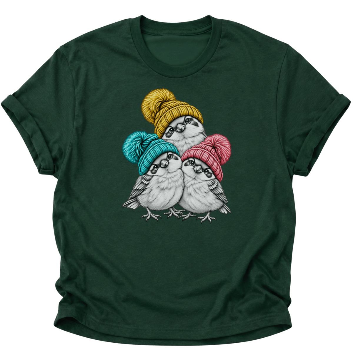 Spatzen mit Bommelmütze Unisex T-Shirt Forest Green - PINE & RIVER