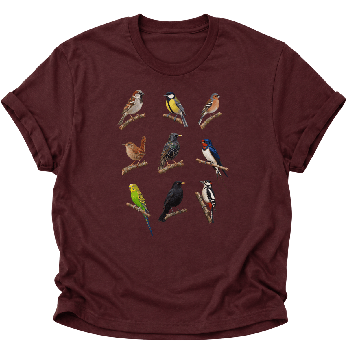 Vogelbeobachter Neun Vogelarten Unisex T-Shirt Maroon - PINE & RIVER