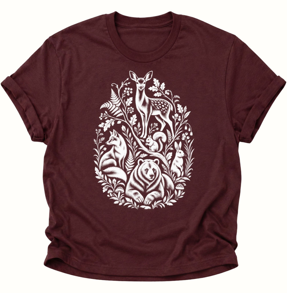 Waldtiere Natur Illustration Unisex T-Shirt Maroon - PINE & RIVER