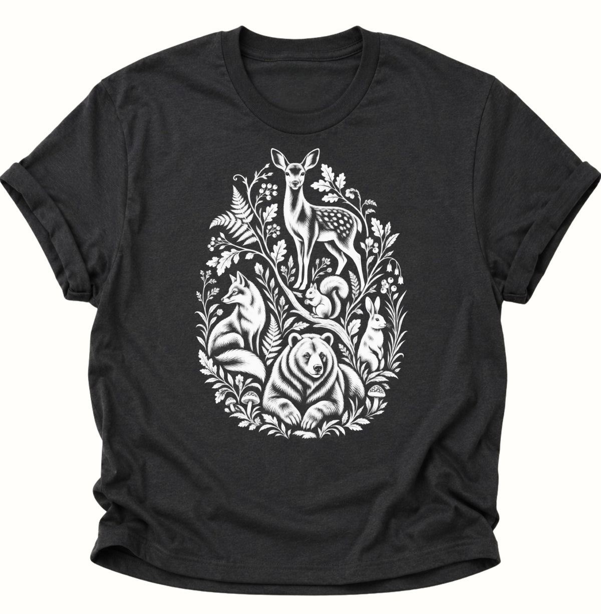 Waldtiere Natur Illustration Unisex T-Shirt Schwarz - PINE & RIVER