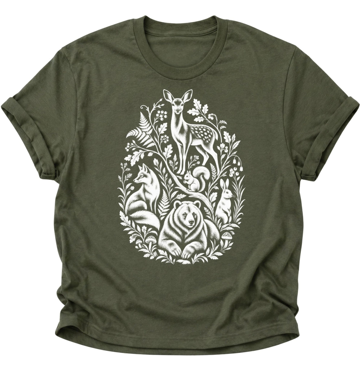 Waldtiere Natur Illustration Unisex T-Shirt Military Green - PINE & RIVER